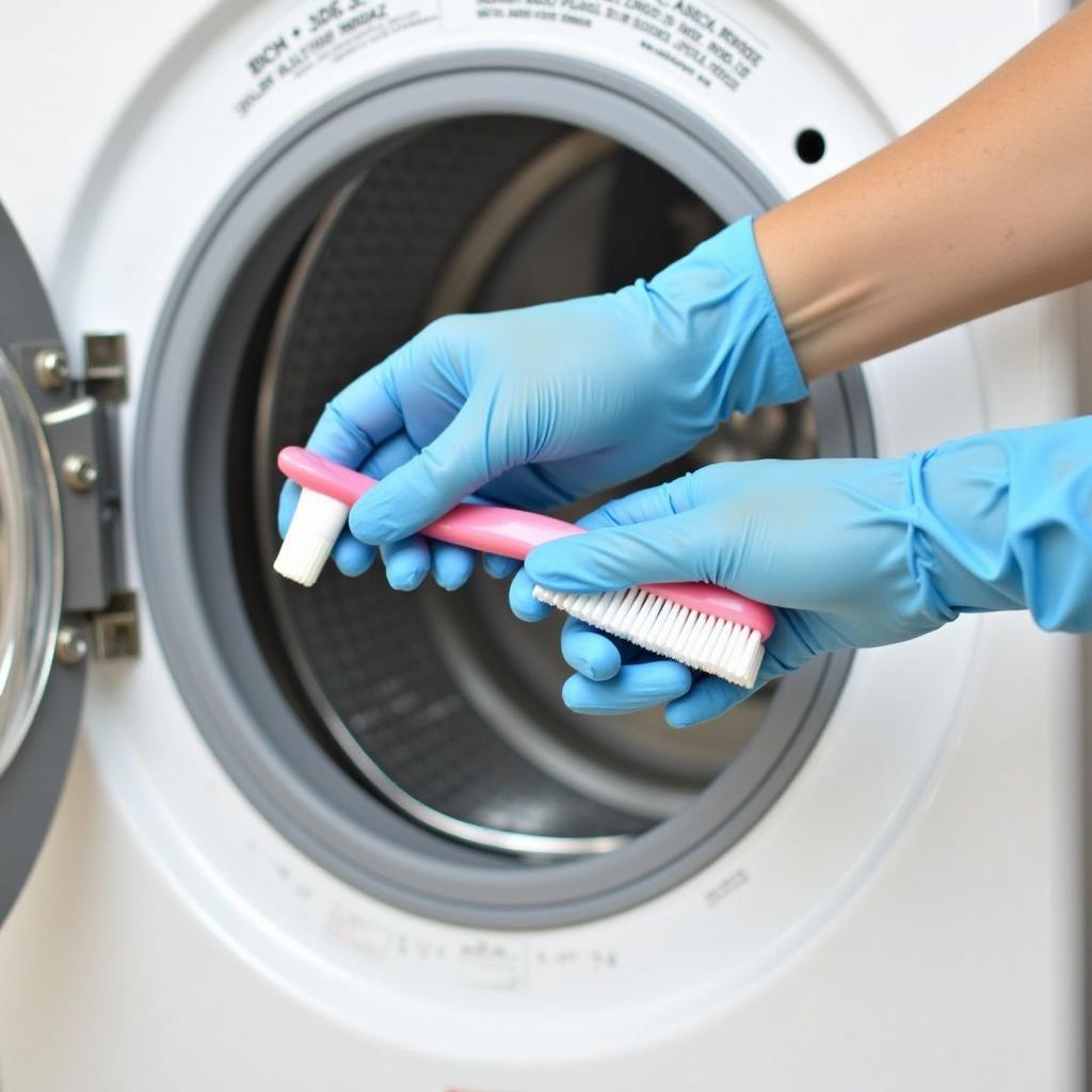Dùng bàn chải chà gioăng cao su máy giặt để loại bỏ vết mốc